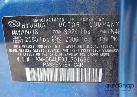 2018 Hyundai Elantra Sel from USA, damaged, VIN KMHD84LF9JU701689